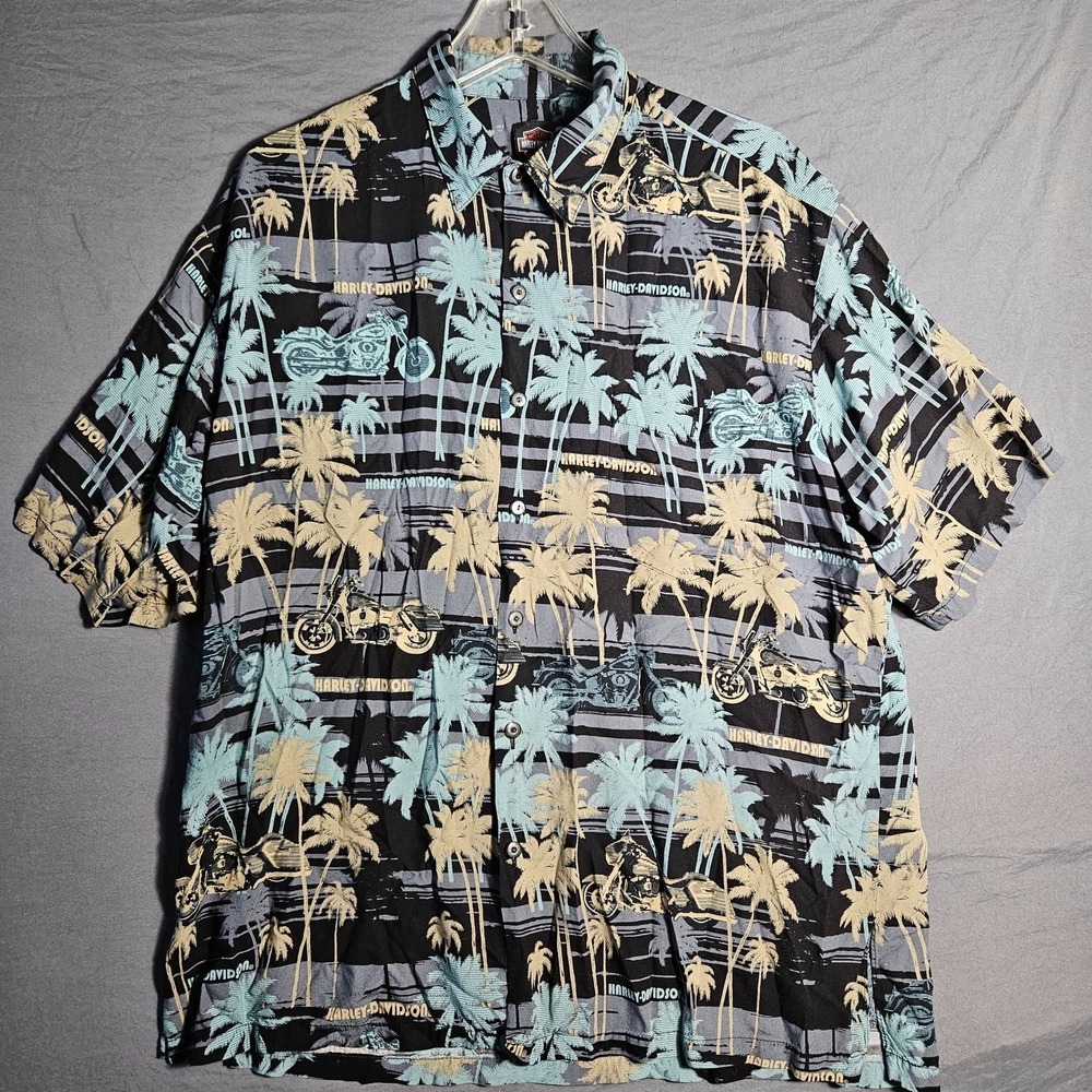 Harley-Davidson Mens Hawaiian Shirt L Black Palm Motorcycle Viscose Made Hawaii